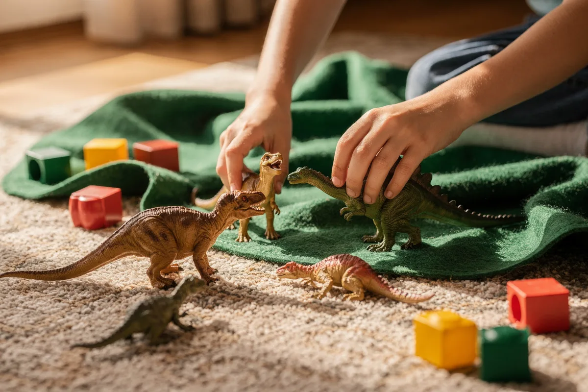 Kinderhände spielen mit mehreren Dino-Figuren auf einem Teppich zwischen Bauklötzen und einer grünen Filzdecke, die eine Urzeit-Landschaft andeutet