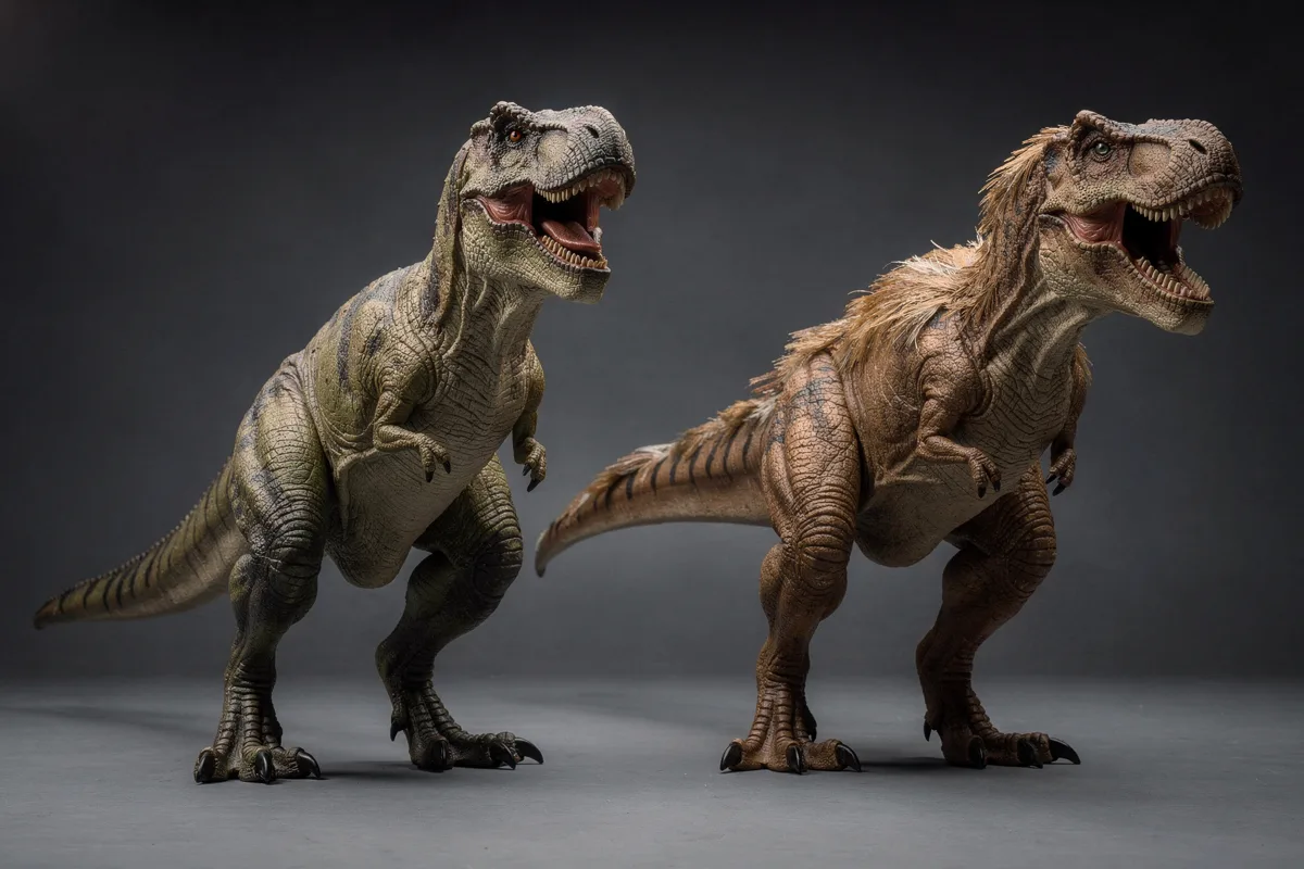 Zwei Tyrannosaurus-rex-Figuren direkt nebeneinander auf dunklem Studio-Untergrund zeigen unterschiedliche Rekonstruktions-Ansätze