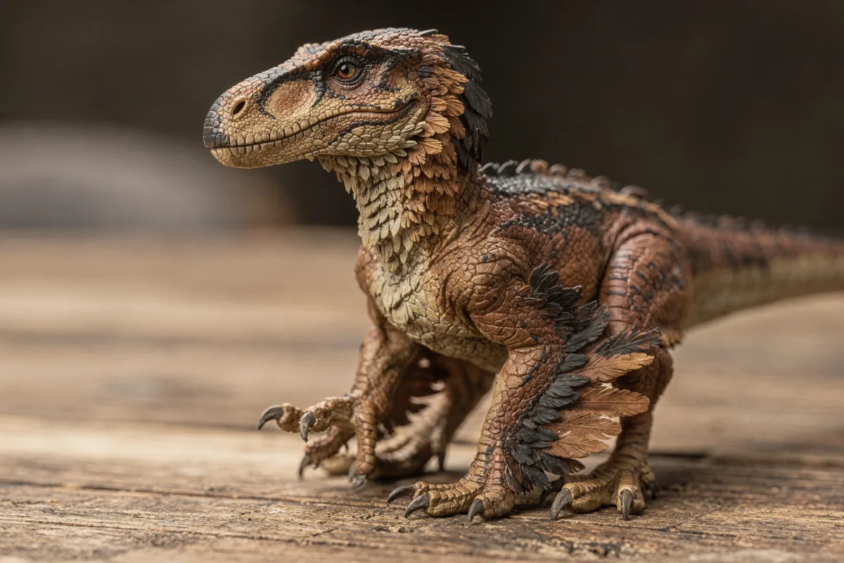 Makro-Aufnahme einer wissenschaftlich akkuraten, leicht gefiederten Theropoden-Figur auf einem Holztisch mit warmem Seitenlicht