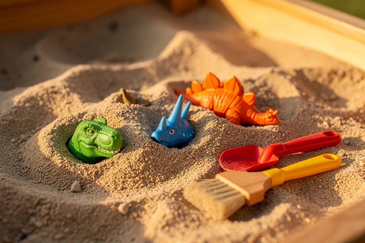 Kleine bunte Plastik-Dinosaurier halb vergraben im Sand mit Schaufeln und Pinseln daneben
