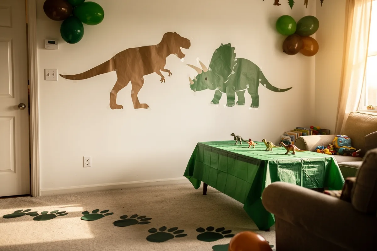 Raum dekoriert für eine Dino-Party mit Papier-Dinosauriern an der Wand, Fußspuren auf dem Boden und grünen Luftballons