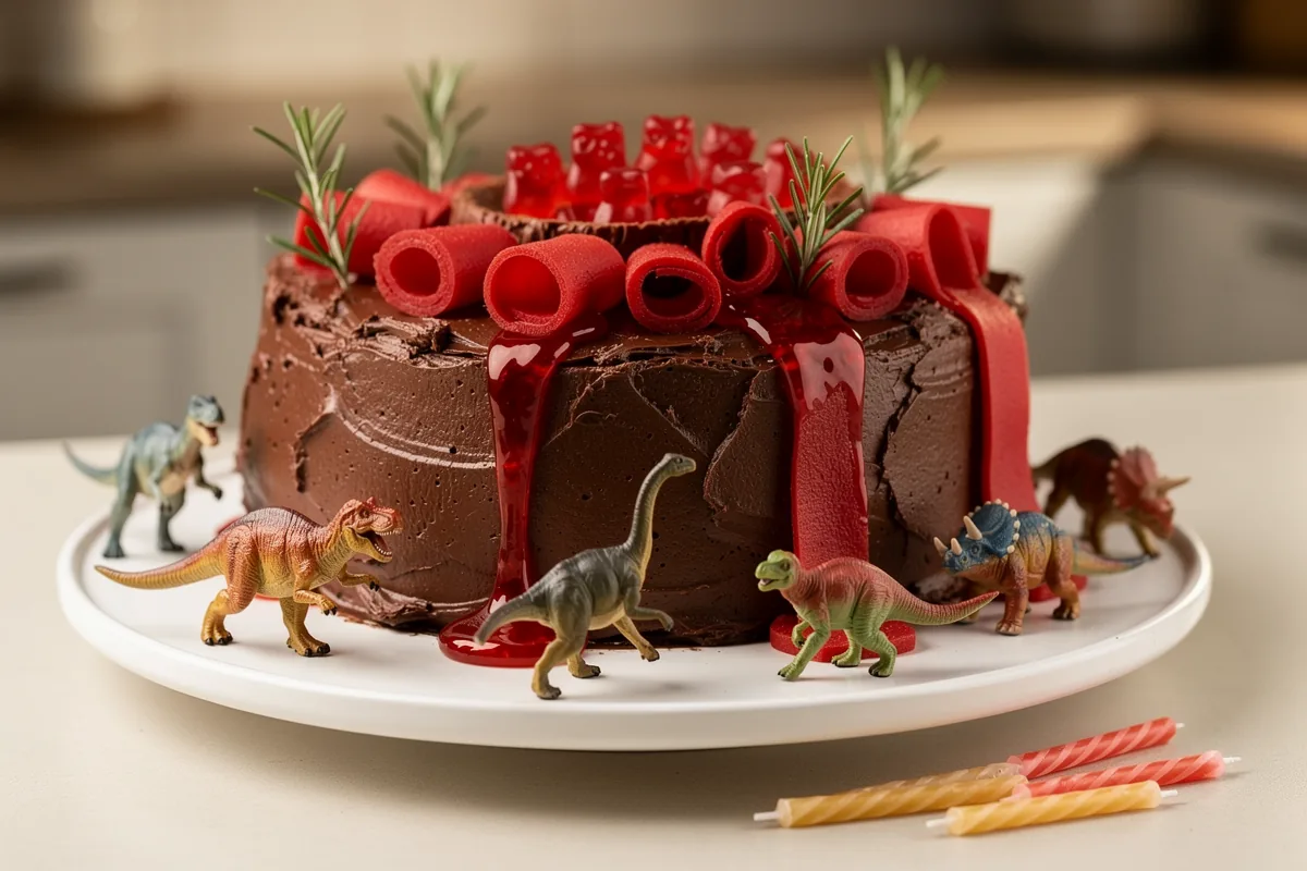 Runder Schokoladen-Vulkankuchen mit roter Fruchtgummi-Lava und Plastik-Dinosauriern drumherum