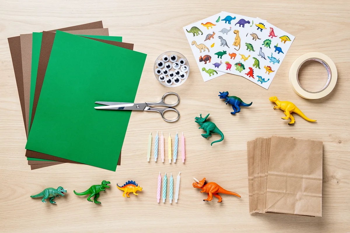 Flatlay mit allen Materialien für eine Dino-Party: Tonkarton, Luftballons, Plastikdinos, Kerzen und Geschenktüten auf einem Holztisch