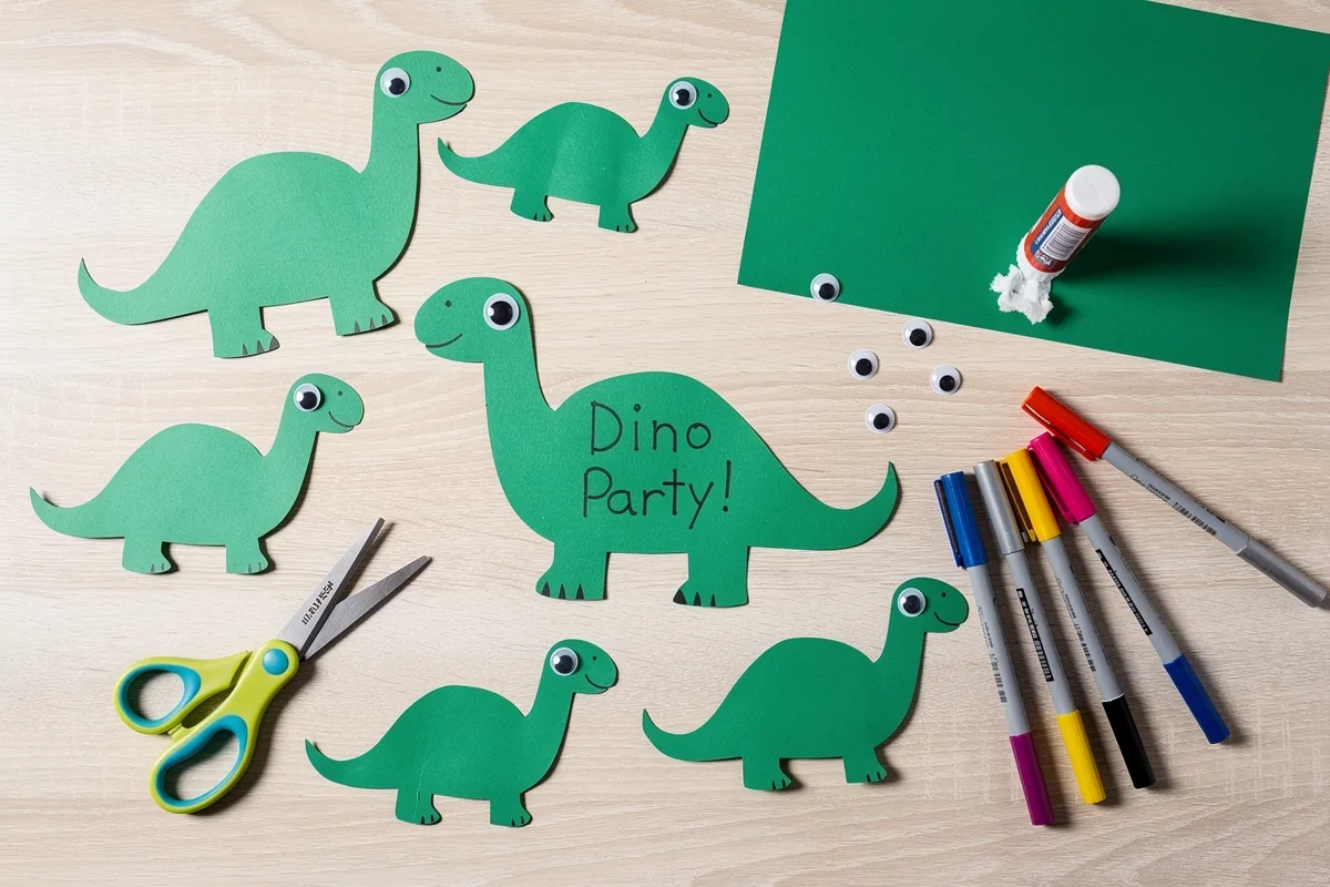 Handgebastelte Dinosaurier-Einladungskarten aus grünem Tonkarton mit Wackelaugen auf einem Holztisch