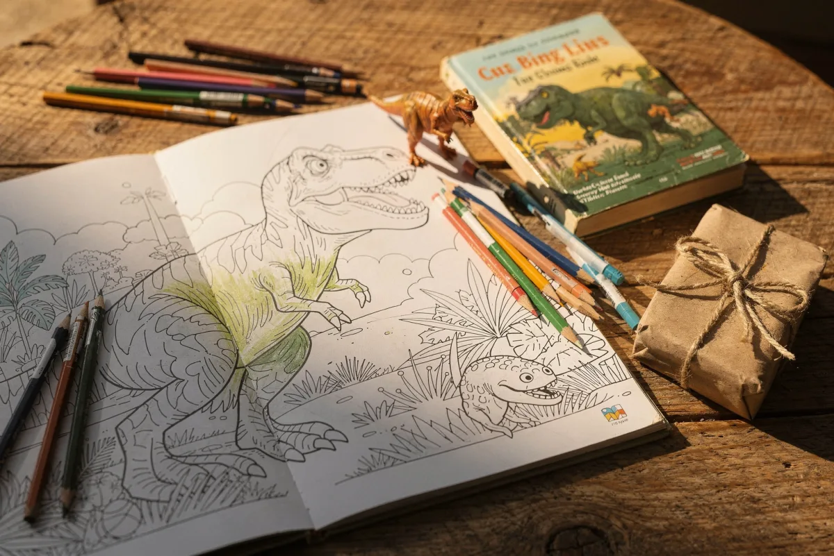 Flat-Lay auf Holztisch: aufgeschlagenes Ausmalbuch mit halbfertigem T.-rex, Buntstifte, kleine Dino-Figur, Taschenbuch und ein klein verpacktes Geschenk in Kraftpapier