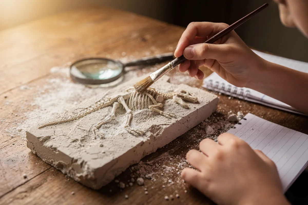 Kinderhände legen mit feinem Pinsel vorsichtig ein Dino-Skelett aus einem Gipsblock frei, daneben Lupe und Notizbuch