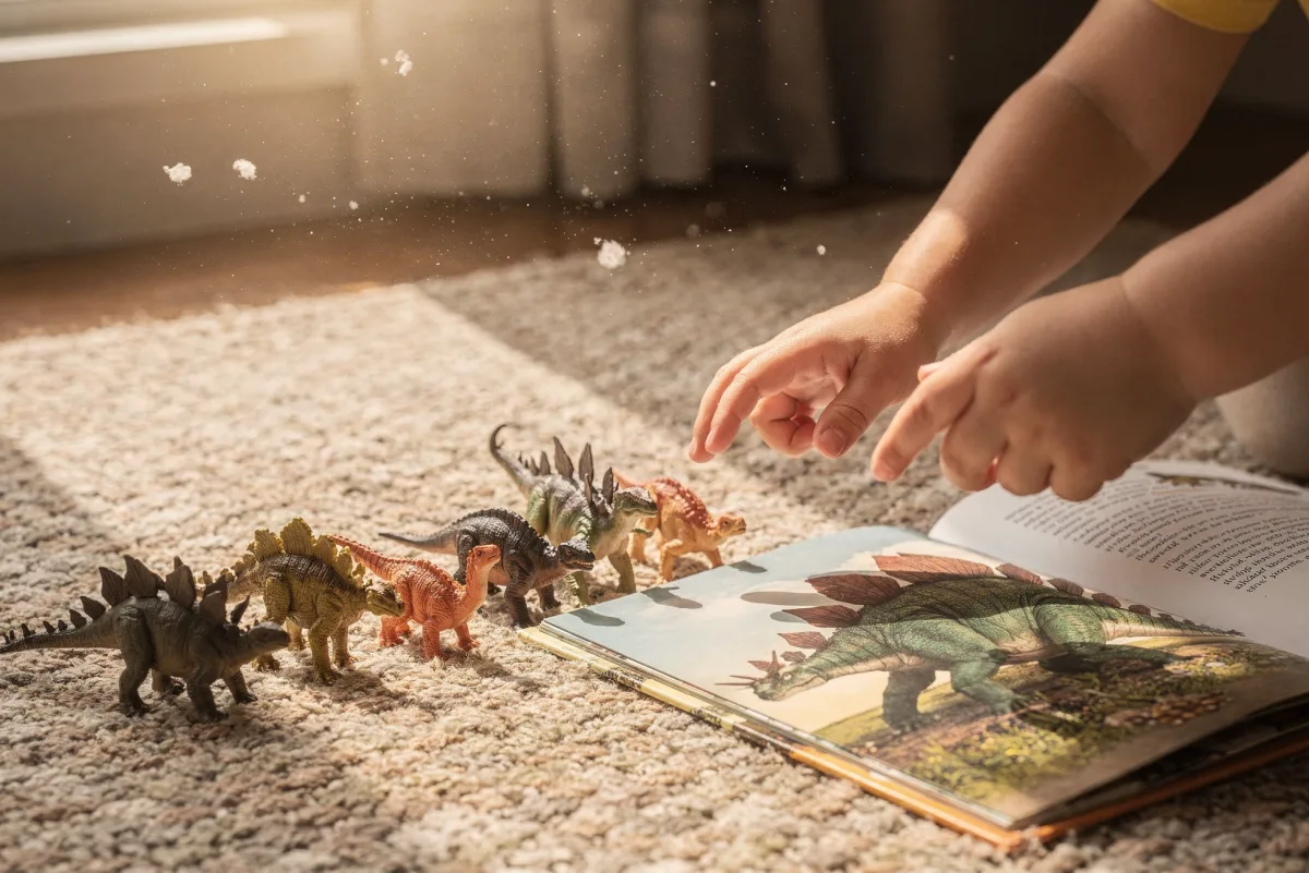 Kleine Kinderhände zeigen auf eine Reihe Dino-Figuren neben einem aufgeschlagenen Bilderbuch auf einem Teppich