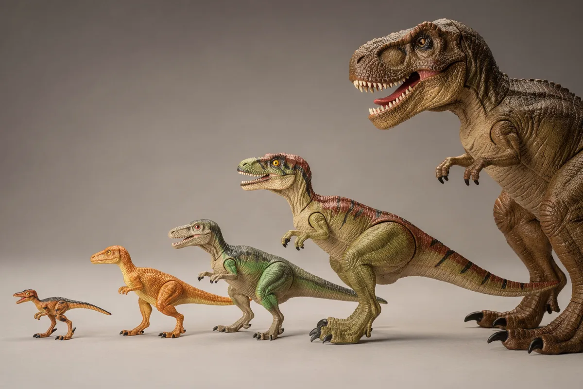 Fünf Dinosaurier-Figuren nebeneinander aufgereiht, von winzigem Microraptor bis zum großen T-Rex — die enorme Größenbandbreite der Dinosaurier