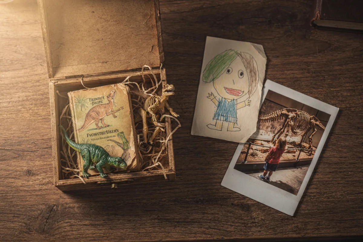 Offene Erinnerungs-Kiste mit Dino-Buch, kleiner Skelettfigur, Kinderzeichnung und Polaroid-Foto auf Holztisch