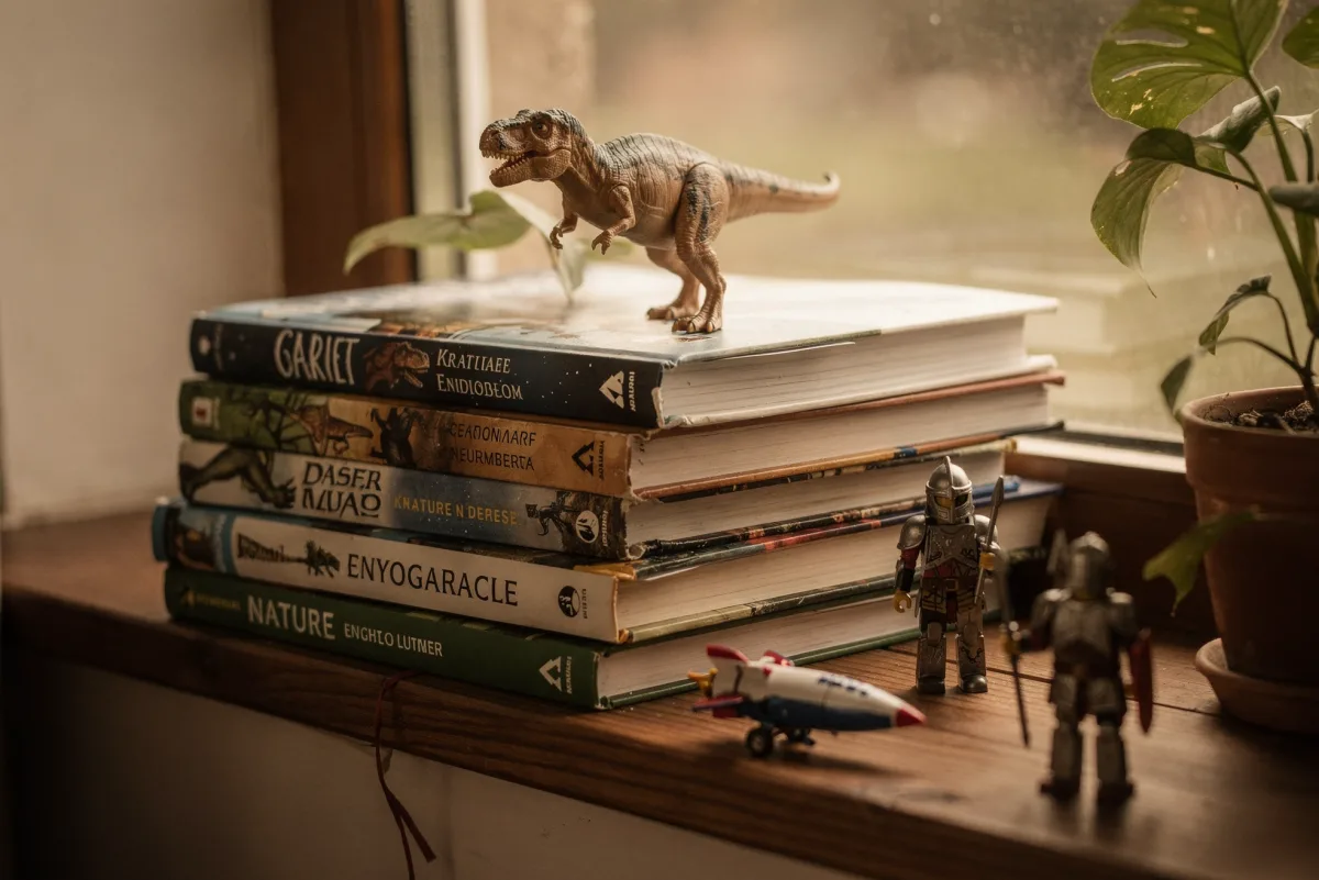 Dino-Figur auf einem Stapel Dino-Bücher neben einer neuen Spielzeug-Rakete und Ritterfiguren am Fenster