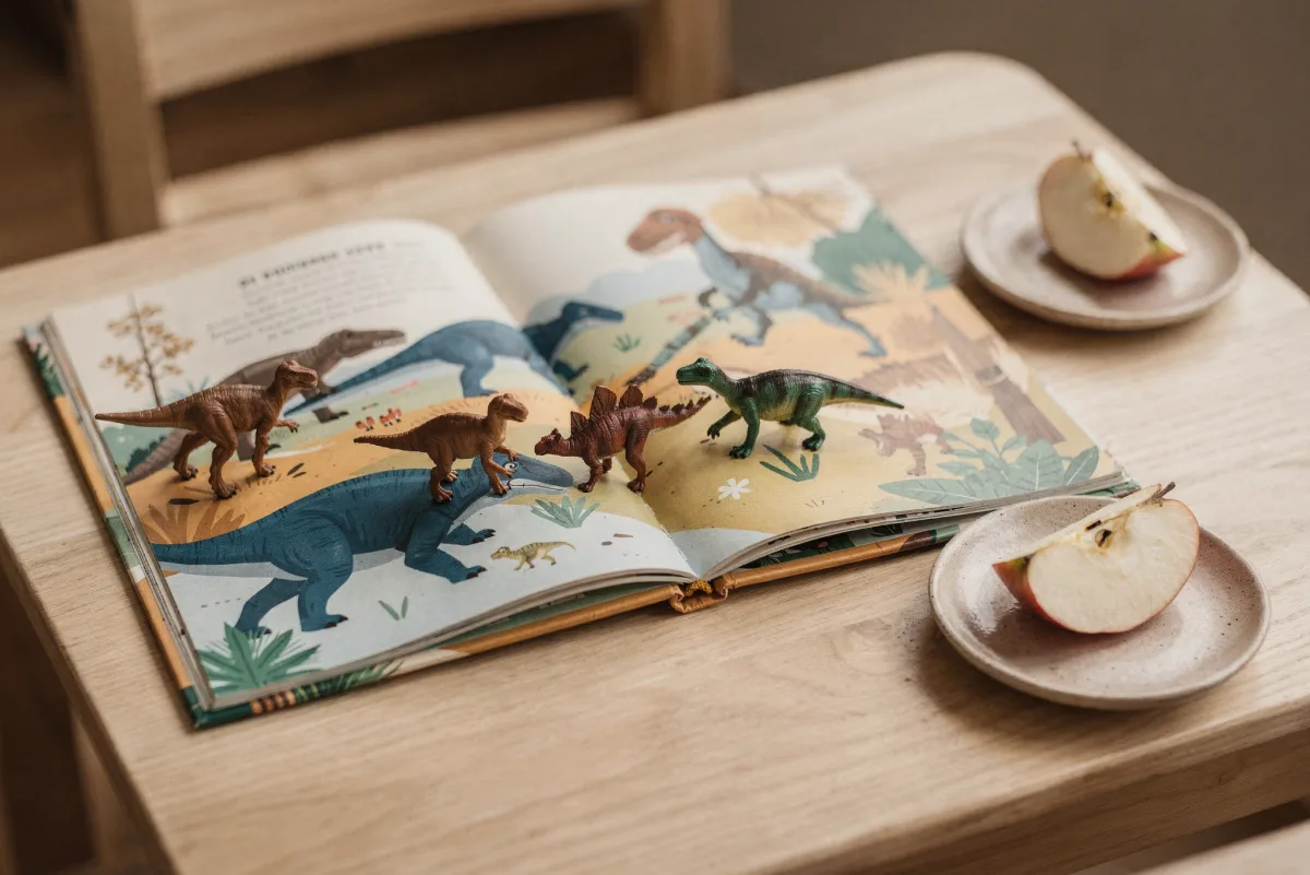 Aufgeschlagenes Kinder-Dinosaurierbuch auf einem hellen Kindertisch mit kleinen Plastikdinos, die über die Buchseiten laufen, daneben ein Apfelstück