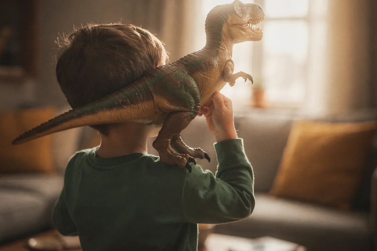 Kind von hinten trägt einen großen Spielzeug-T.-rex auf der Schulter im warmen Gegenlicht eines Wohnzimmerfensters